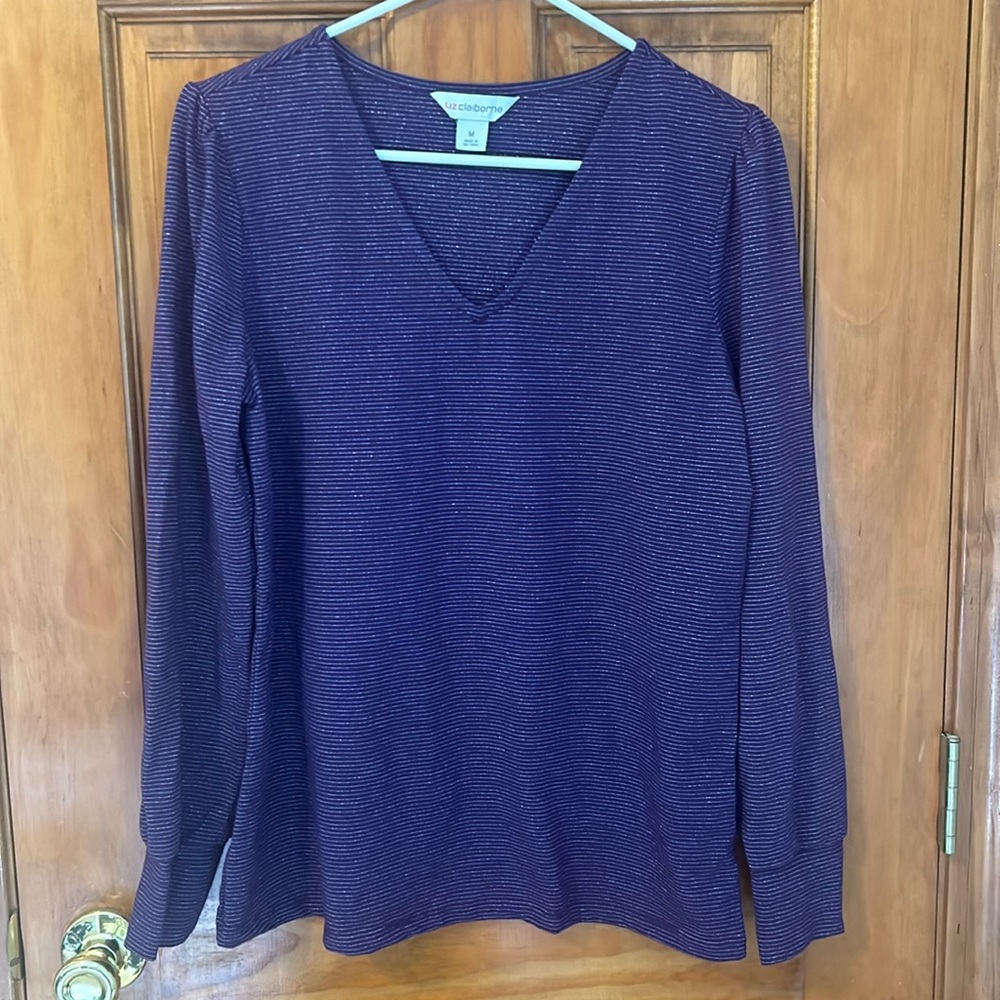 Liz Claiborne V Neck Striped Long Sleeve Top